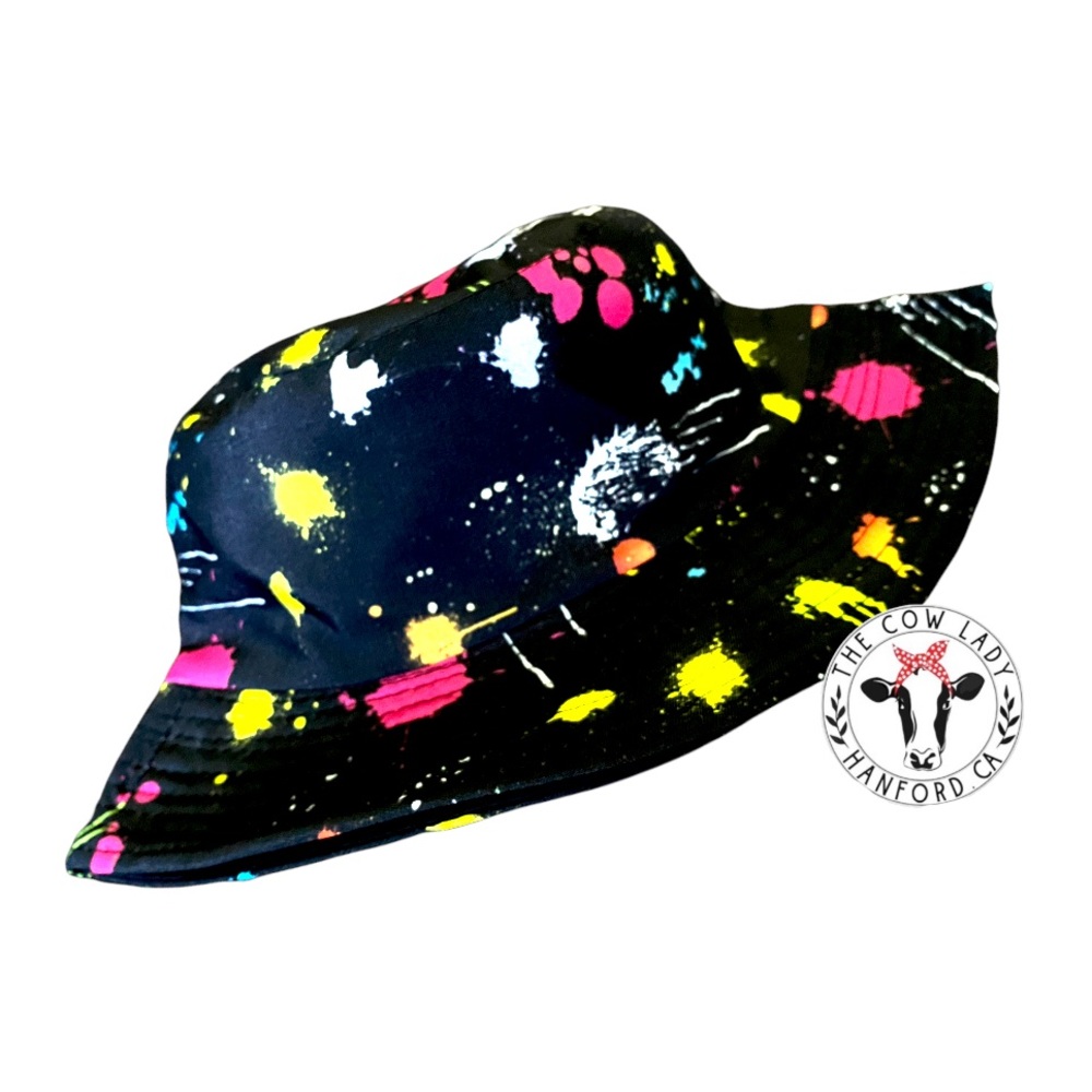 Women’s Black Bucket Hat Retro Y2K 90’s Paint Splatter Neon 80’s Cap NWT